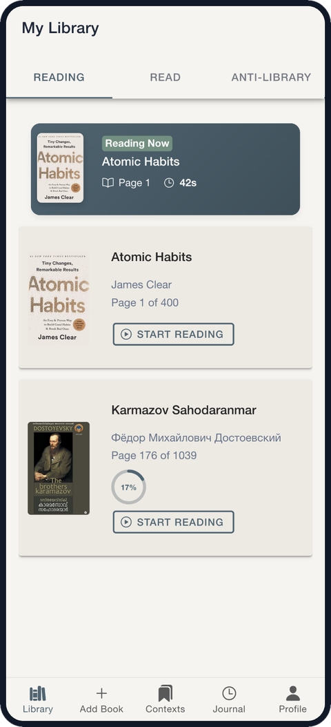 Smriti library screen showing books currently being read, read, and set aside
